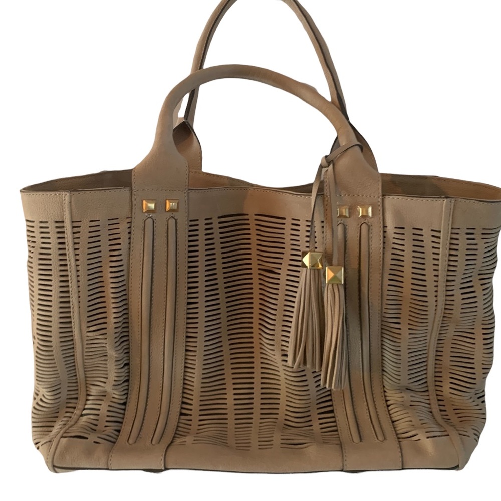 B Brian Atwood Purse Beige Suede Gold Accent Shoulder Bag Tote Never Used